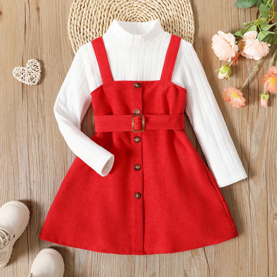 2pcs Kid Girl Mock Neck Textured White Tee and Button Design Belted Corduroy Overall Dress Set Red
