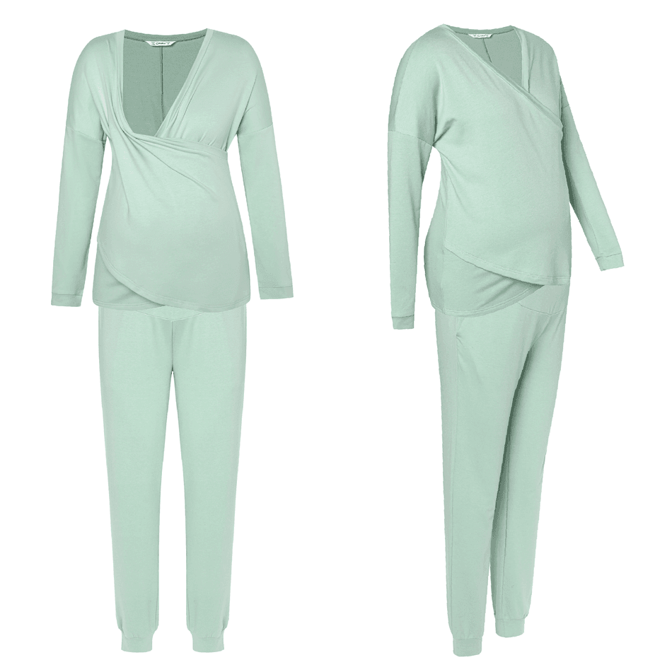 Maternity Minimalist Solid Criss Cross Front Long-sleeve Nursing Top & Sweatpants Set Light Green