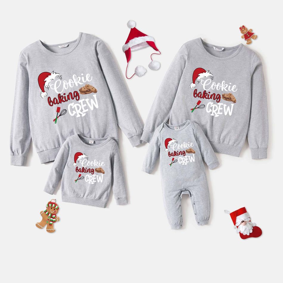 Christmas Antlers and Letter Print Family Matching 100% Cotton Long-sleeve Sweatshirts Grey big image 1