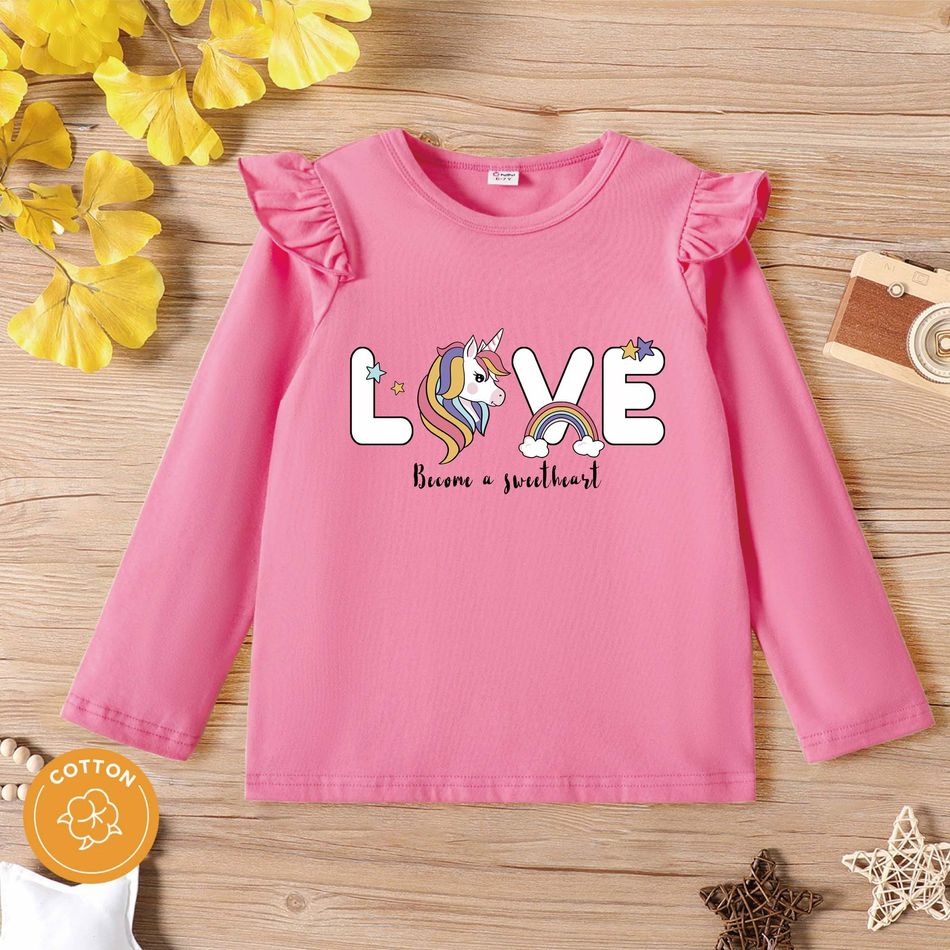 Kid Girl Letter Unicorn Print Ruffled Long-sleeve Pink Cotton Tee Dark Pink big image 1