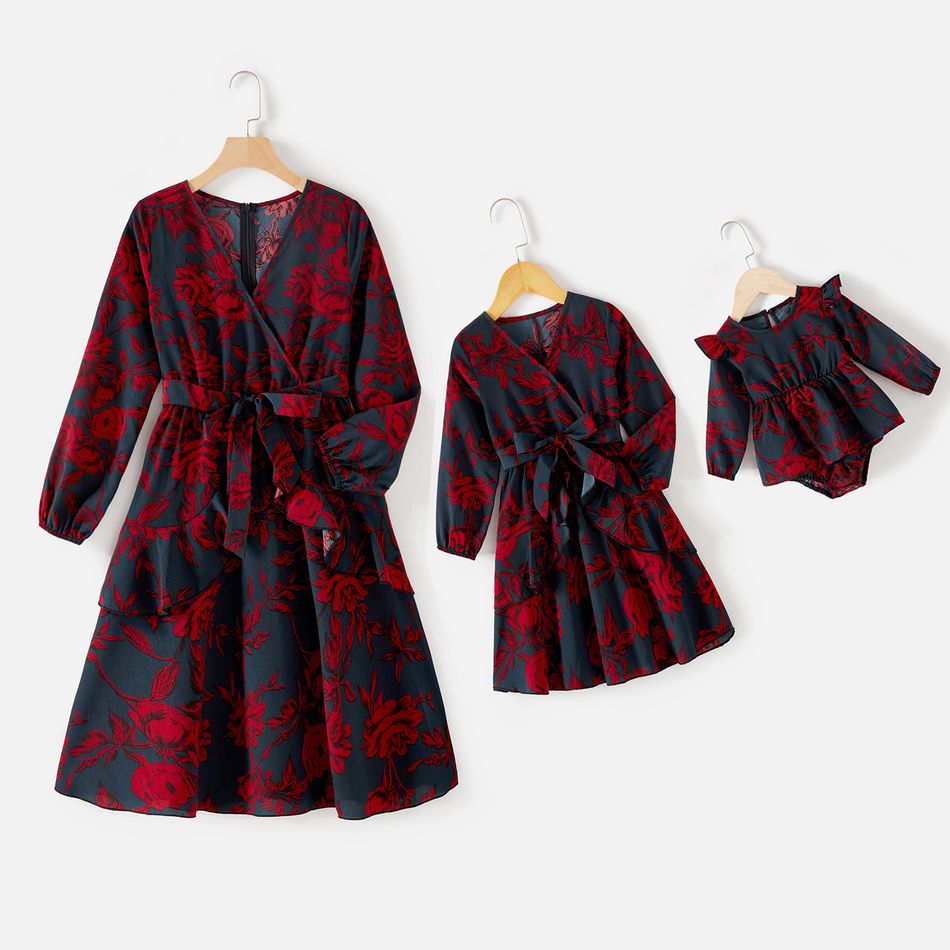 Mommy and Me Allover Floral Print Surplice Neck Belted Ruffle Trim Long-sleeve Dresses Red big image 1