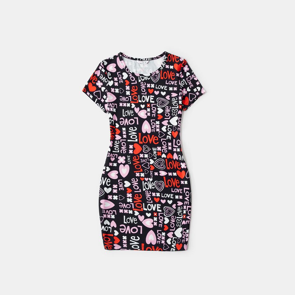 Valentine's Day Mommy and Me Allover Heart & Letter Print Short-sleeve Bodycon Dress or Mesh Dress Black big image 2