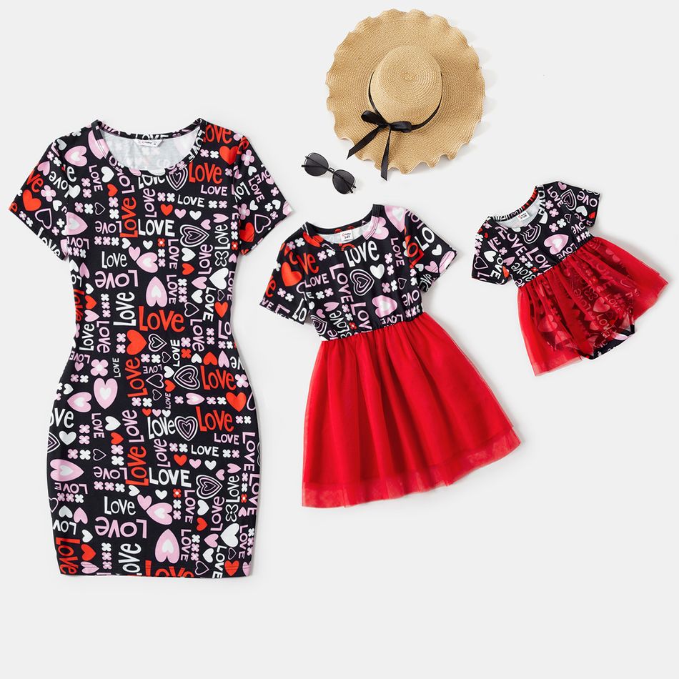 Valentine's Day Mommy and Me Allover Heart & Letter Print Short-sleeve Bodycon Dress or Mesh Dress Black big image 1