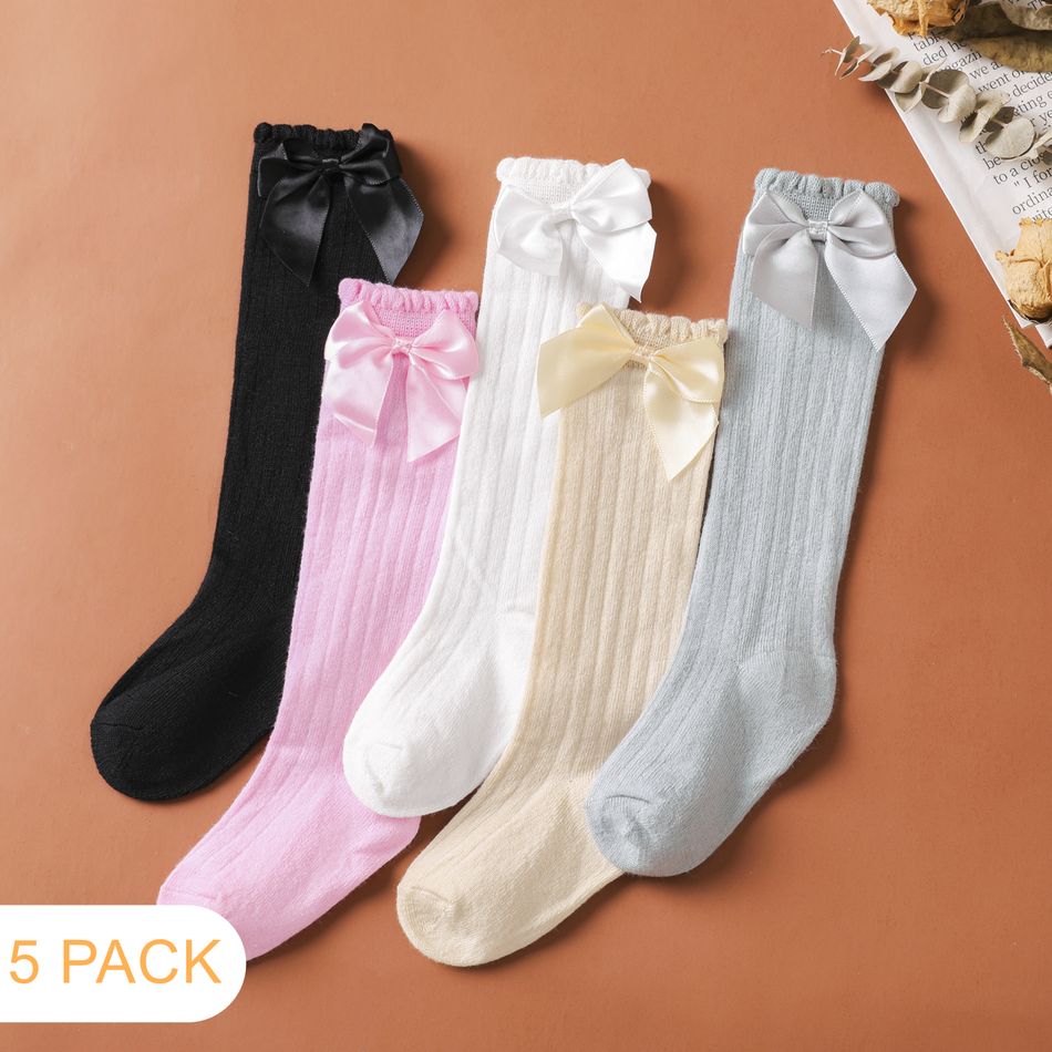 5-pairs Baby Bow Decor Ribbed Long Stockings Set Multi-color