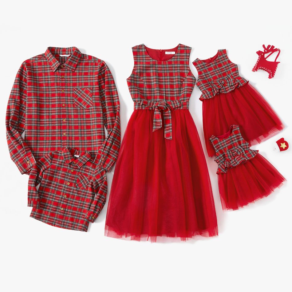 Christmas Family Matching Red Plaid Spliced Mesh Tank Dresses and Long-sleeve Shirts Sets Red