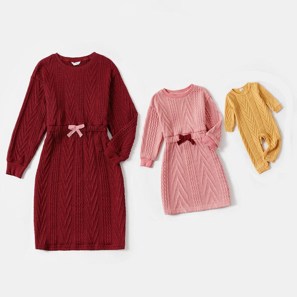 Mommy and Me Cotton Cable Knit Textured Long-sleeve Dress Colorful big image 1