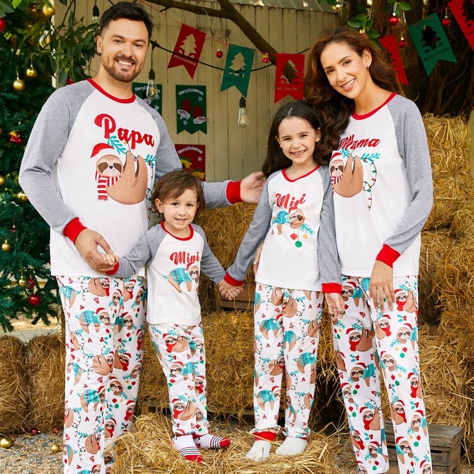 Christmas Family Matching Sloth & Letter Print Raglan-sleeve Pajamas Sets (Flame Resistant) ColorBlock big image 1