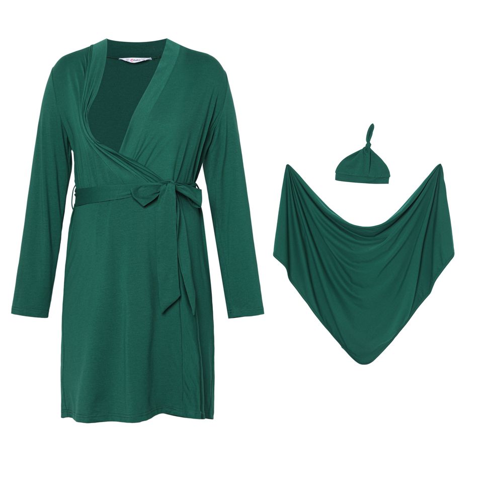 Nursing Belted Nightdress & Baby Swaddle Wrap Blanket & Beanie Hat Set Dark Green big image 1
