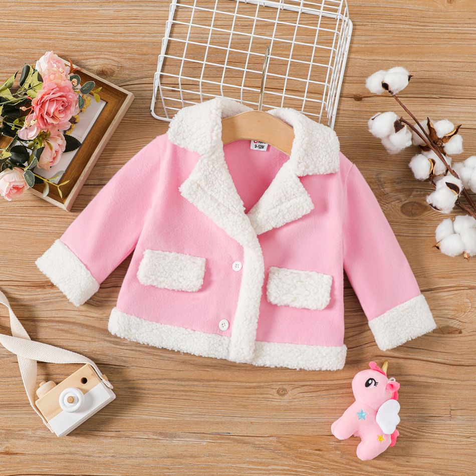 Baby Girl Sherpa Fleece Lapel Collar Long-sleeve Thermal Coat Pink big image 1