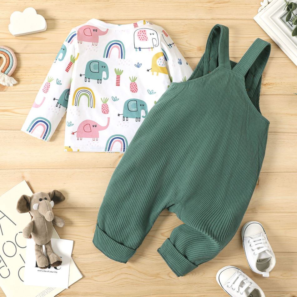 2pcs Baby Boy/Girl Allover Elephant Print Long-sleeve Tee and Embroidered Corduroy Overalls Set AquaGreen big image 3