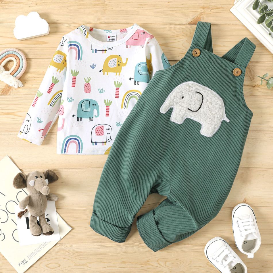 2pcs Baby Boy/Girl Allover Elephant Print Long-sleeve Tee and Embroidered Corduroy Overalls Set AquaGreen big image 2