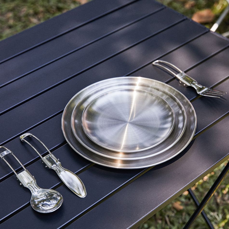 Placa de aço inoxidável alimentação servindo pratos de acampamento reutilizáveis louças Prata big image 9