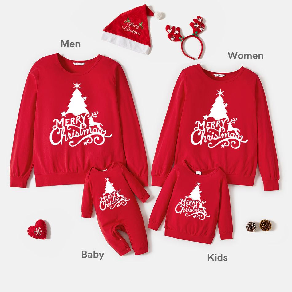 Christmas Family Matching 100% Cotton Xmas Tree & Letter Print Long-sleeve Sweatshirts Red