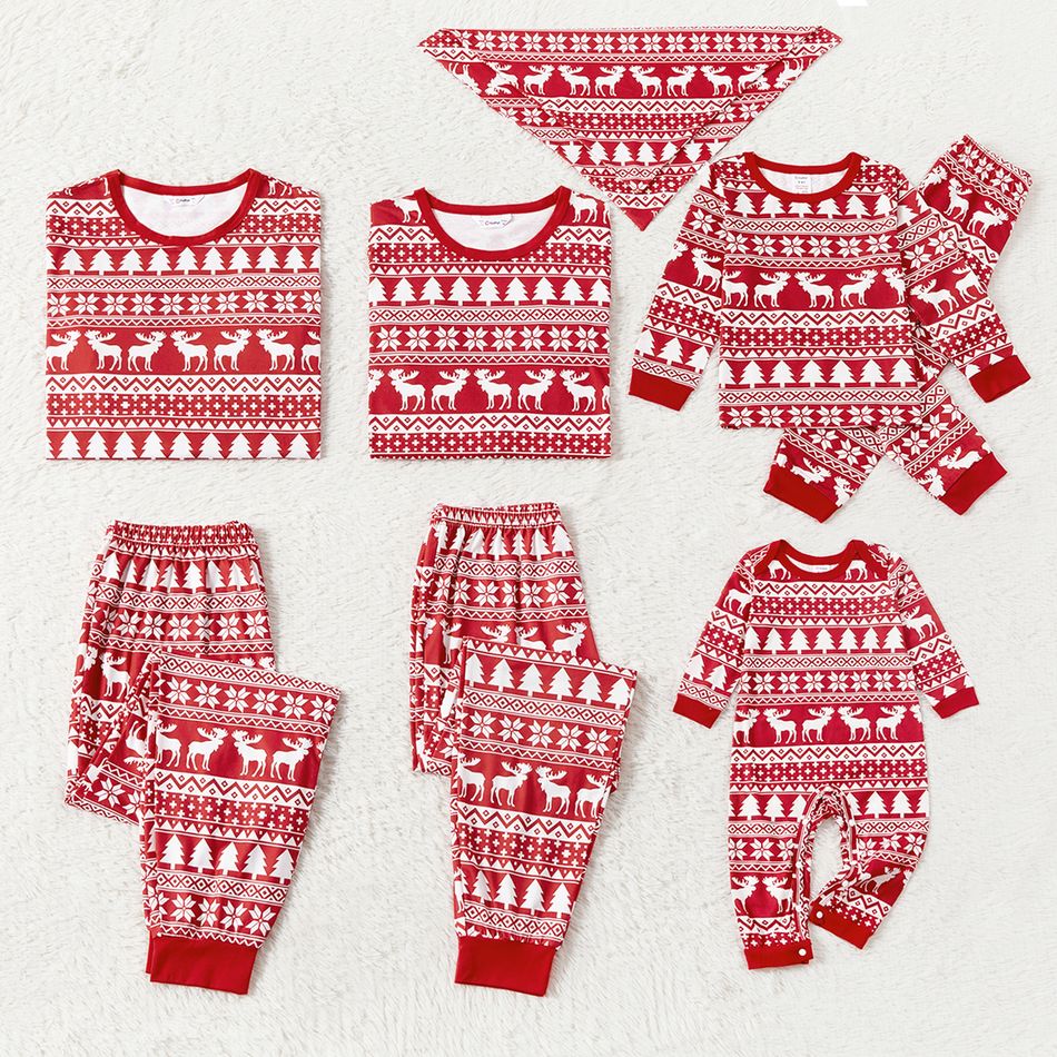 Christmas Family Matching Allover Red Print Long-sleeve Pajamas Sets (Flame Resistant) Red-2 big image 1