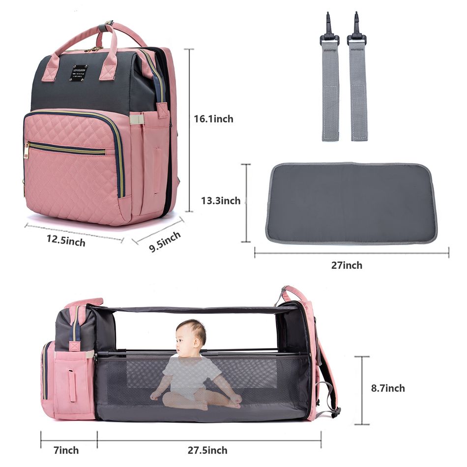 Diaper Bag Backpack Diapers Changing Pad Portable Mummy Bag Foldable Baby Bed Travel Bag with USB Pink big image 6