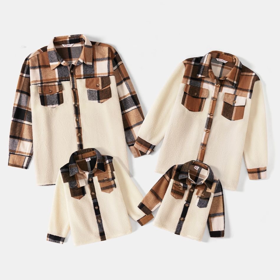 Family Matching Plaid Spliced Thermal Fleece Long-sleeve Button Tops Color block big image 2