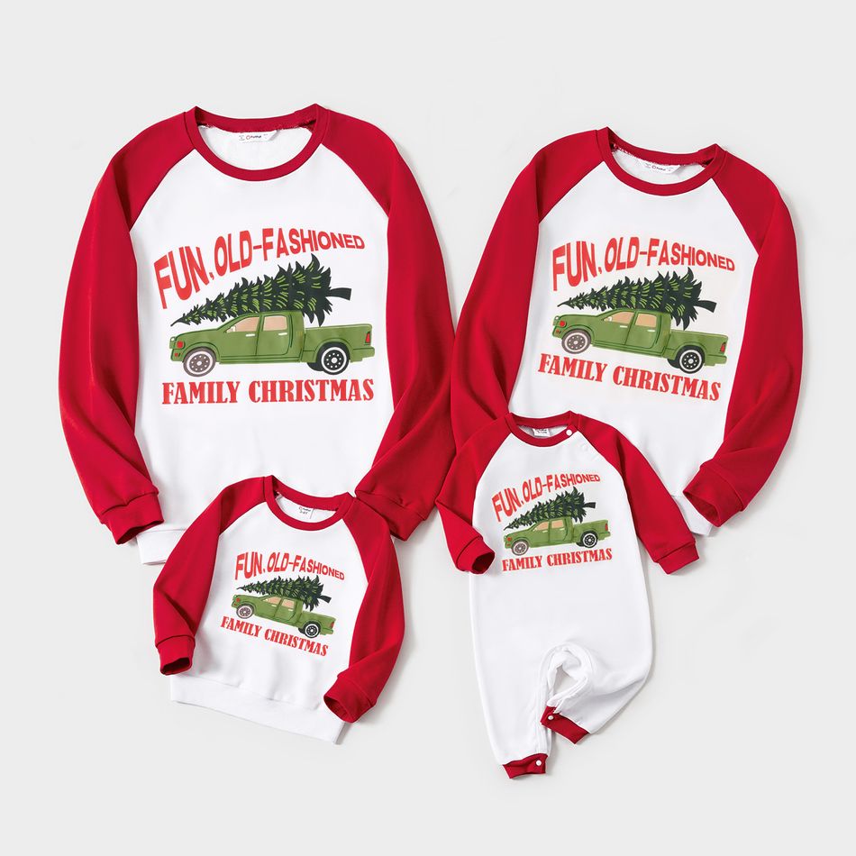 Christmas Family Matching Xmas Car & Letter Print Red Raglan-sleeve Sweatshirts REDWHITE