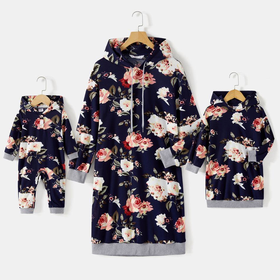Mommy and Me Allover Floral Print Long-sleeve Drawstring Hoodie Dresses Tibetanblue