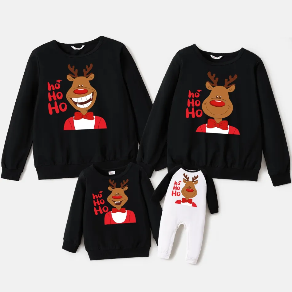 Christmas Family Matching 100% Cotton Deer & Letter Print Long-sleeve Sweatshirts Black big image 1