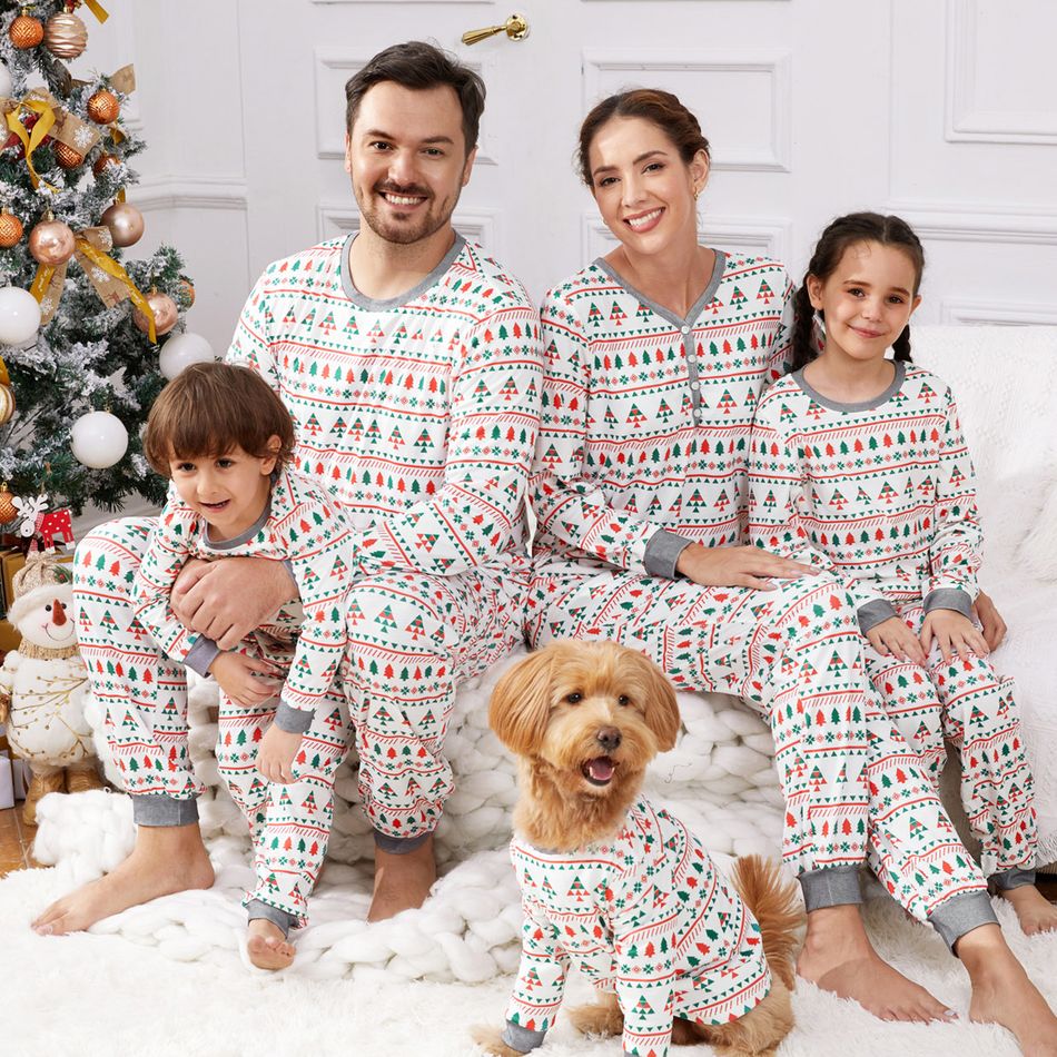 Christmas Family Matching Allover Xmas Tree Print Long-sleeve Pajamas Sets (Flame Resistant) White big image 2