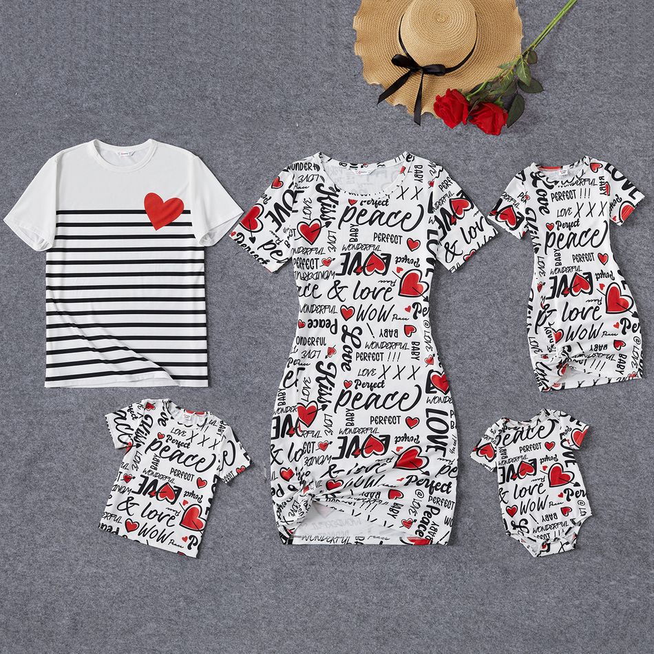 Valentine's Day Family Matching Allover Heart & Letter Print Twist Knot Bodycon Dresses and Short-sleeve Striped T-shirts Sets White big image 1