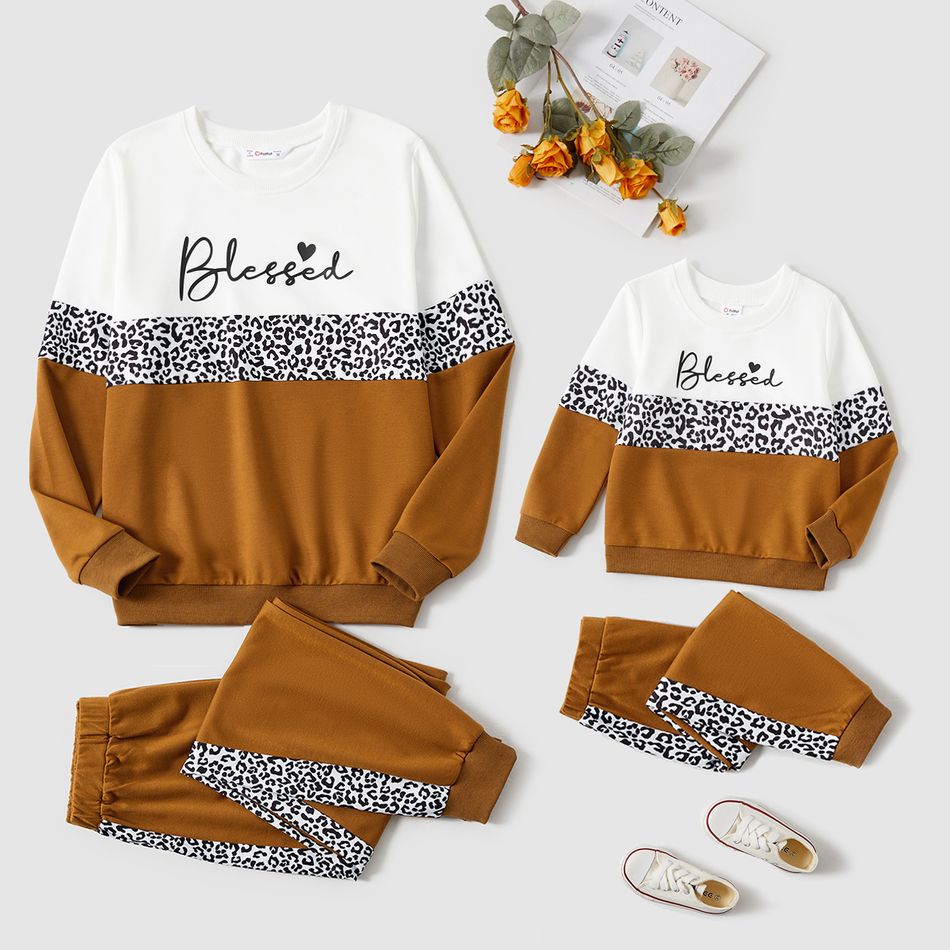 Mommy and Me Letter Print Leopard Colorblock Long-sleeve Sweatshirts and Sweatpants Sets Khaki big image 1