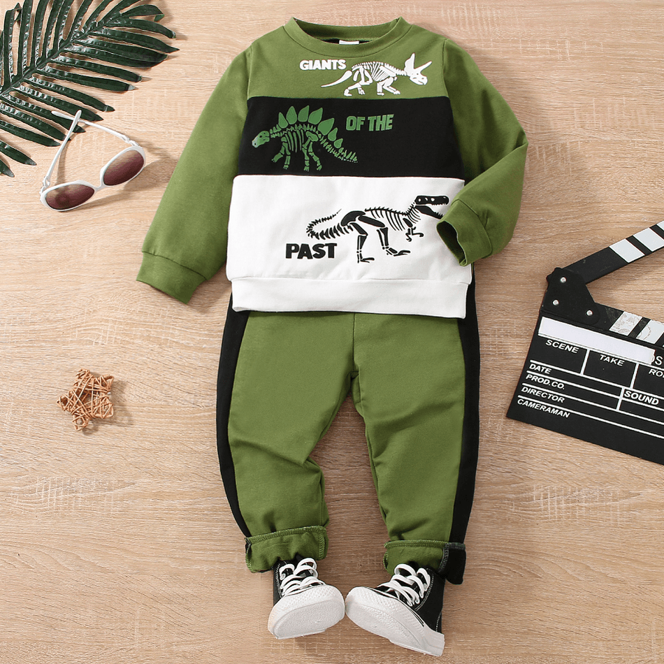 2pcs Toddler Boy Playful Dinosaur Print Colorblock Sweatshirt and Pants Set Green