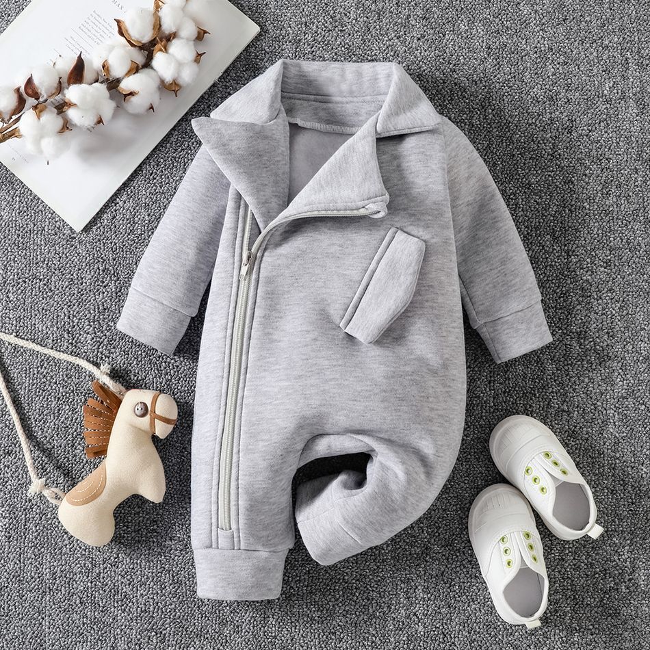 Baby Boy/Girl Fleece Lined Grey Lapel Collar Long-sleeve Zipper Jumpsuit Lightgrey