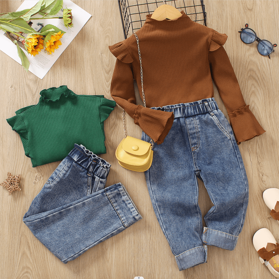 2 unidades Criança Menina Extremidades franzidas Bonito conjuntos de camisetas Castanho big image 7