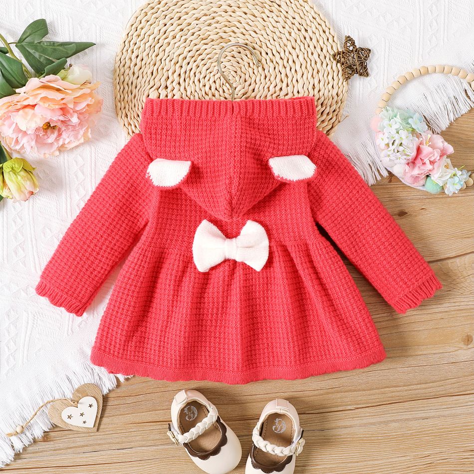 Baby Girl 3D Ears Hooded Long-sleeve Solid Knitted Sweater Coat Dark Pink big image 4