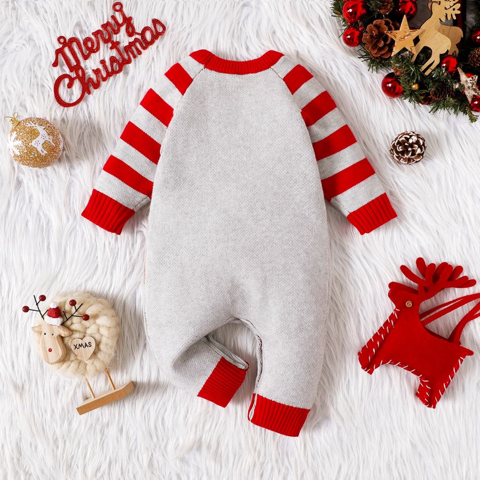 Christmas Baby Boy/Girl Reindeer Graphic Red Striped Long-sleeve Knitted Jumpsuit Grey big image 2