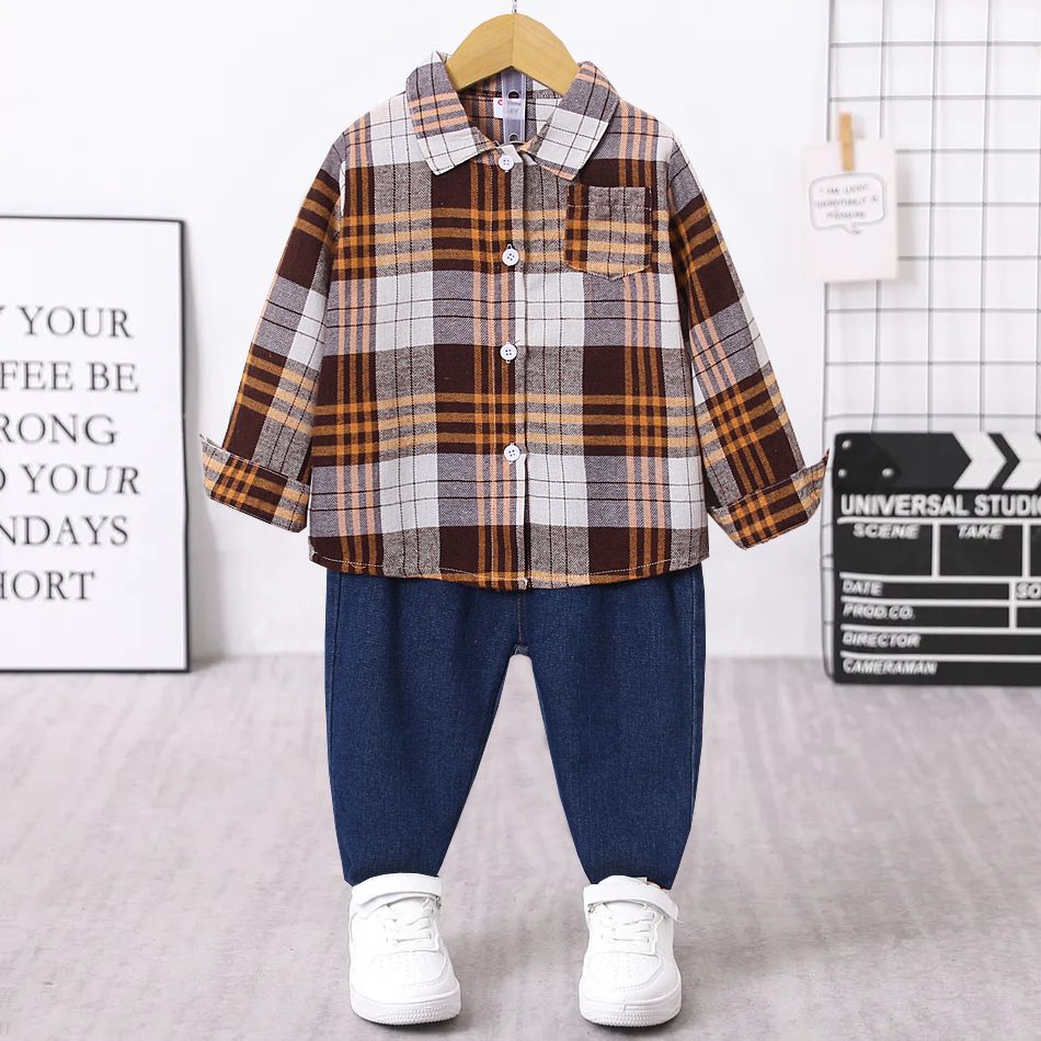 2pcs Toddler Boy Trendy Denim Jeans and Lapel Collar Plaid Shirt Set Multi-color