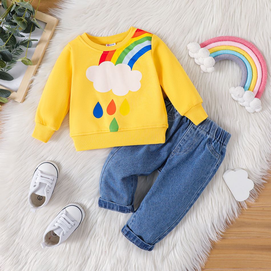 2pcs Baby Boy/Girl Rainbow & Cloud Print Long-sleeve Sweatshirt and Jeans Set Yellow