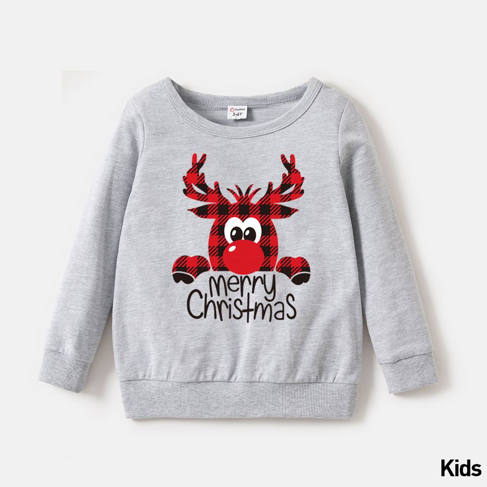 Christmas Family Matching 100% Cotton Plaid Deer & Letter Print Long-sleeve Sweatshirts Grey big image 6