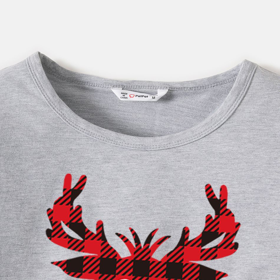 Christmas Family Matching 100% Cotton Plaid Deer & Letter Print Long-sleeve Sweatshirts Grey big image 3