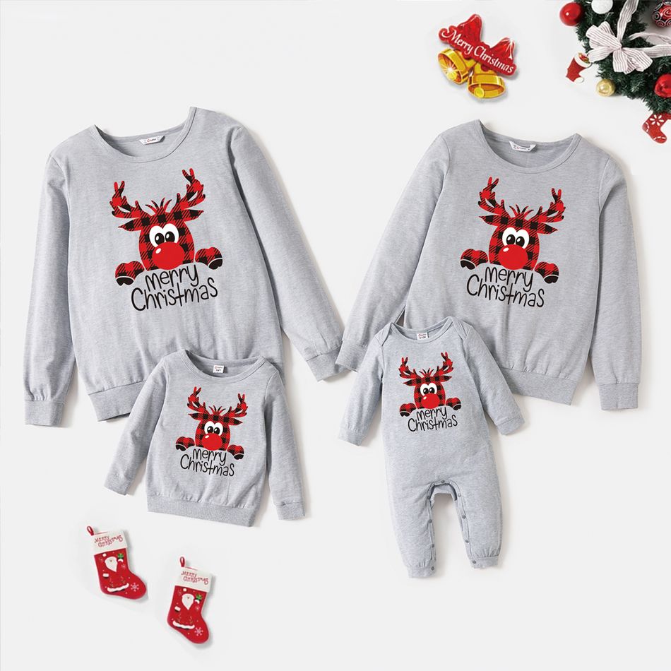 Christmas Family Matching 100% Cotton Plaid Deer & Letter Print Long-sleeve Sweatshirts Grey big image 1