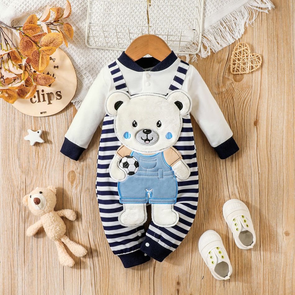 Baby Boy 95% Cotton Long-sleeve Bear Decor Striped Spliced Jumpsuit Blue big image 6
