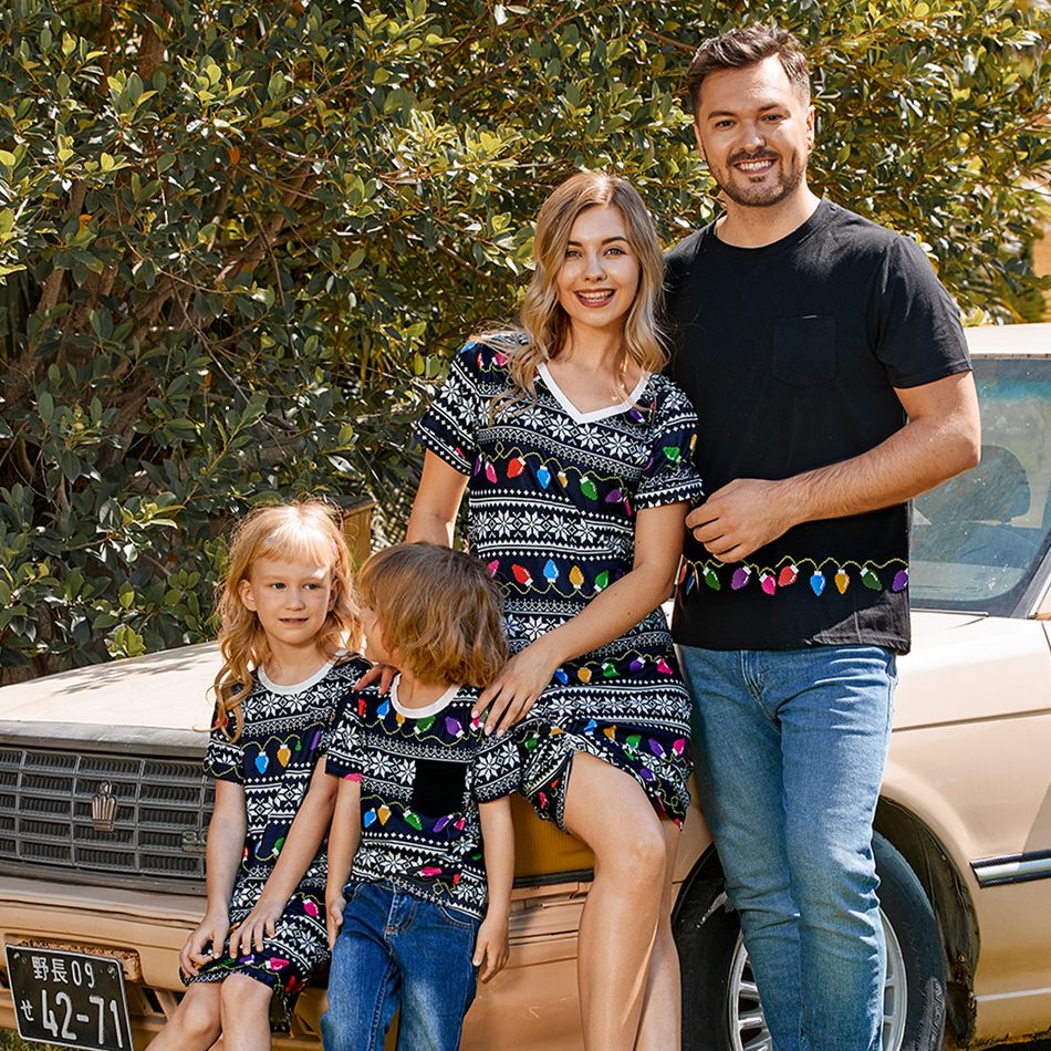 Christmas Family Matching Allover String Lights & Snowflake Print Black Twist Knot Bodycon Dresses and Short-sleeve T-shirts Sets Black big image 2