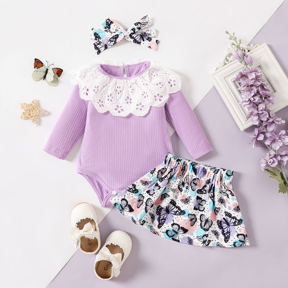 3pcs Baby Girl Ruffle Collar Long-sleeve Rib Knit Romper and Allover Butterfly Print Skirt with Headband Set Purple