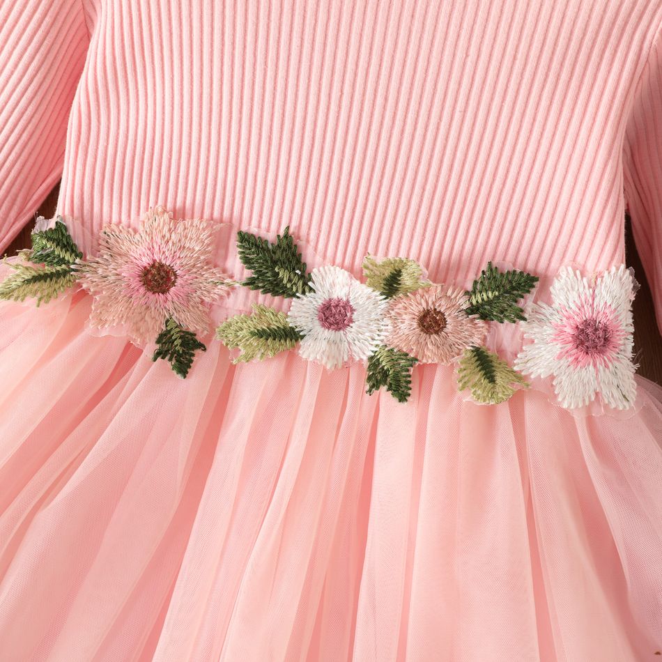Kid Girl 3D Floral Design Ribbed Mesh Splice Long-sleeve Pink Dress Pink big image 3