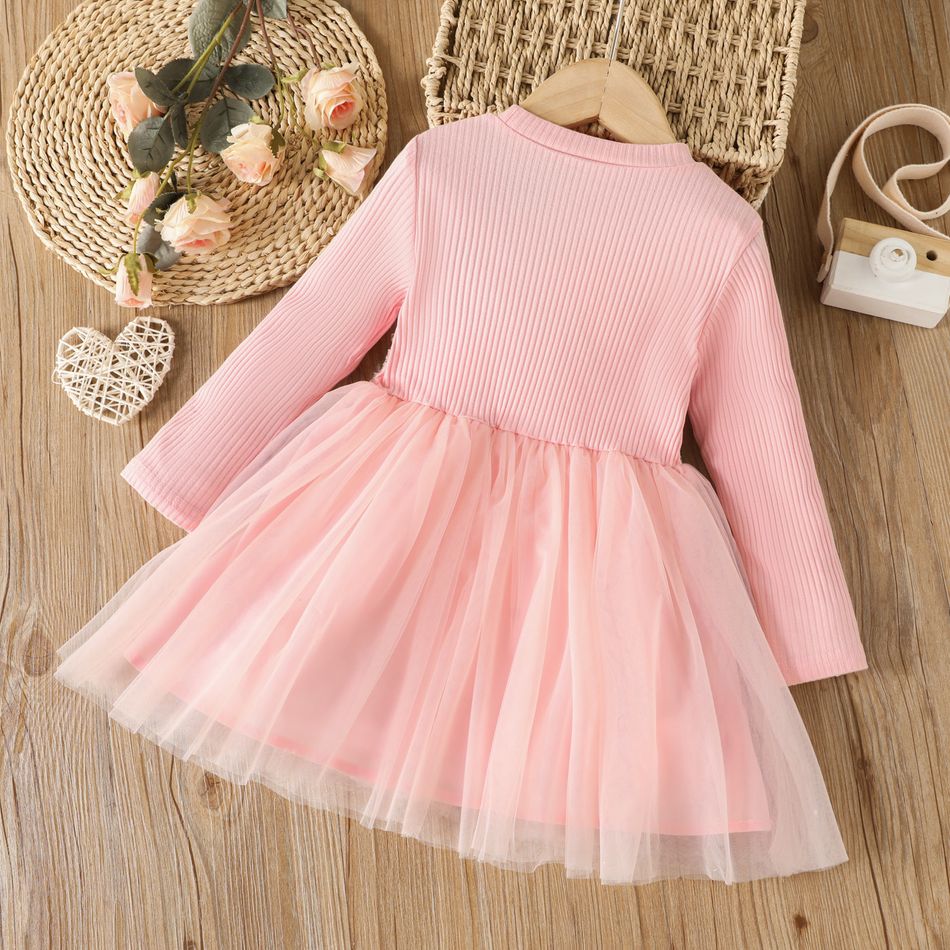 Kid Girl 3D Floral Design Ribbed Mesh Splice Long-sleeve Pink Dress Pink