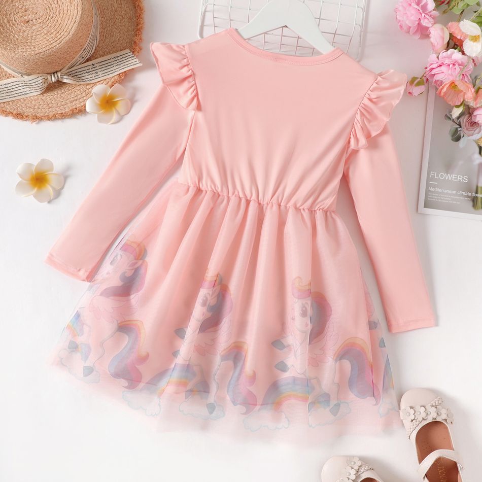 Kid Girl Unicorn Print Mesh Splice Long-sleeve Pink Dress Pink big image 2