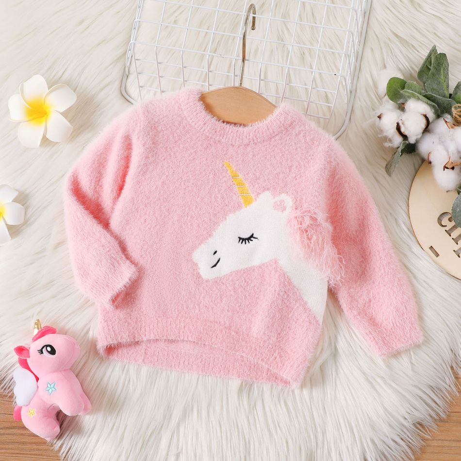 Baby Girl Unicorn Graphic Pink Long-sleeve Thermal Fluffy Sweater Pink big image 1