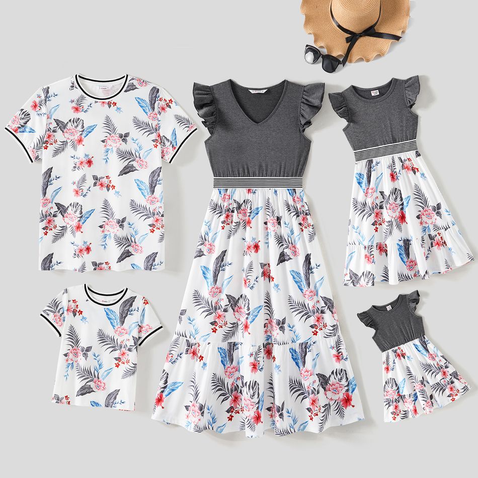 Family Matching Allover Floral Print Short-sleeve T-shirts and Flutter-sleeve Spliced Dresses Sets Grey big image 1