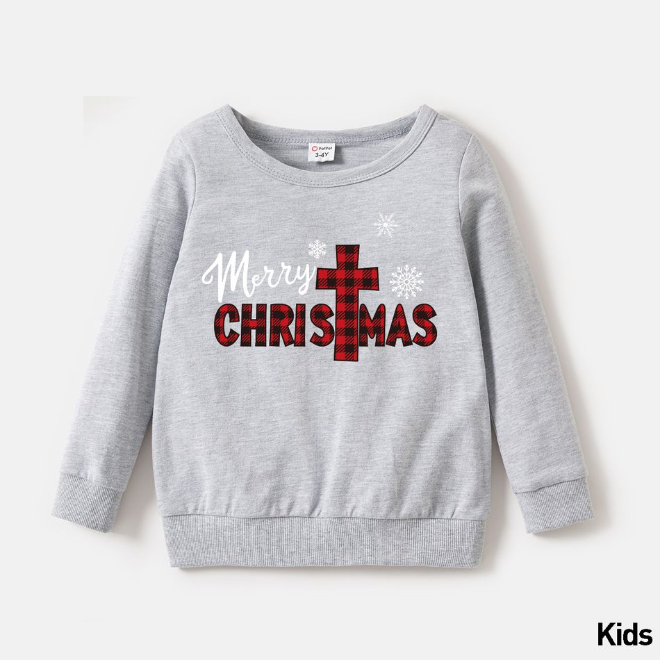 Christmas Family Matching 100% Cotton Long-sleeve Red Plaid Letter Print Sweatshirts Light Grey big image 6