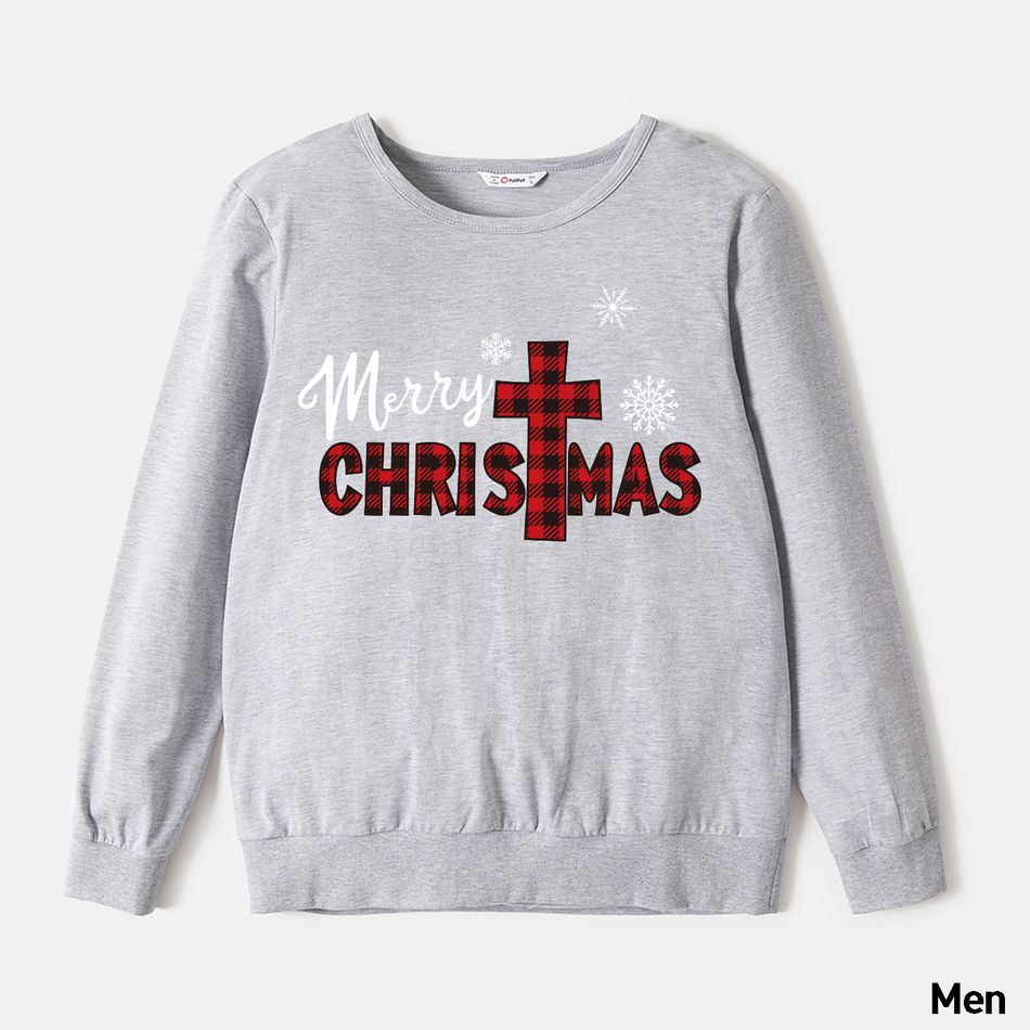 Christmas Family Matching 100% Cotton Long-sleeve Red Plaid Letter Print Sweatshirts Light Grey big image 2