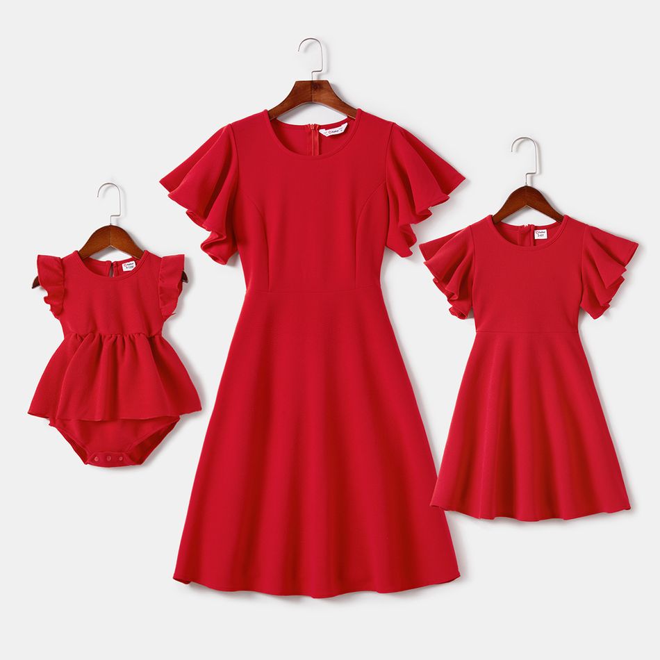 Valentine's Day Mommy and Me Red Textured Ruffle-sleeve A-line Dresses Red big image 1