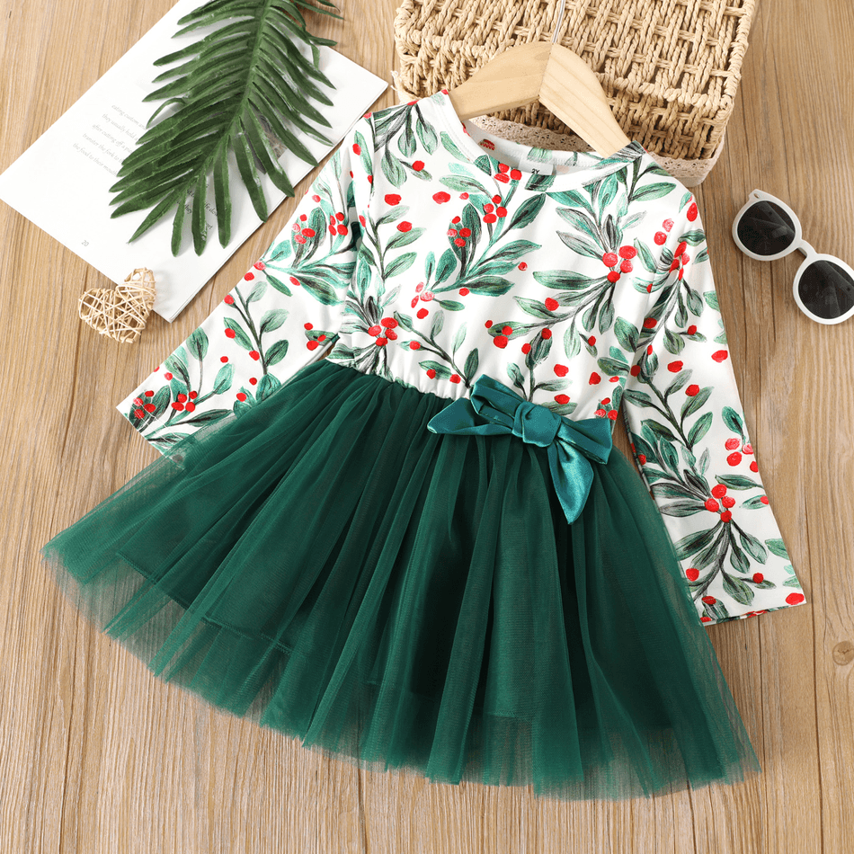 Kid Girl 3D Bowknot Design Floral Print Mesh Splice Long-sleeve Dress Green big image 1