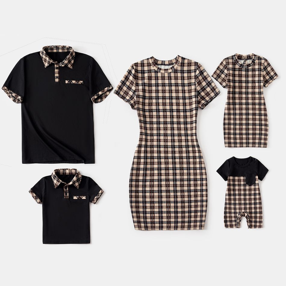 Family Matching Coffee Plaid Bodycon Dresses and Short-sleeve Polo Shirts Sets Coffee