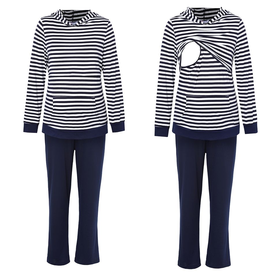 Nursing Stripe Long-sleeve Hoodie and Solid Pants Pajamas Lounge Set Dark Blue/white